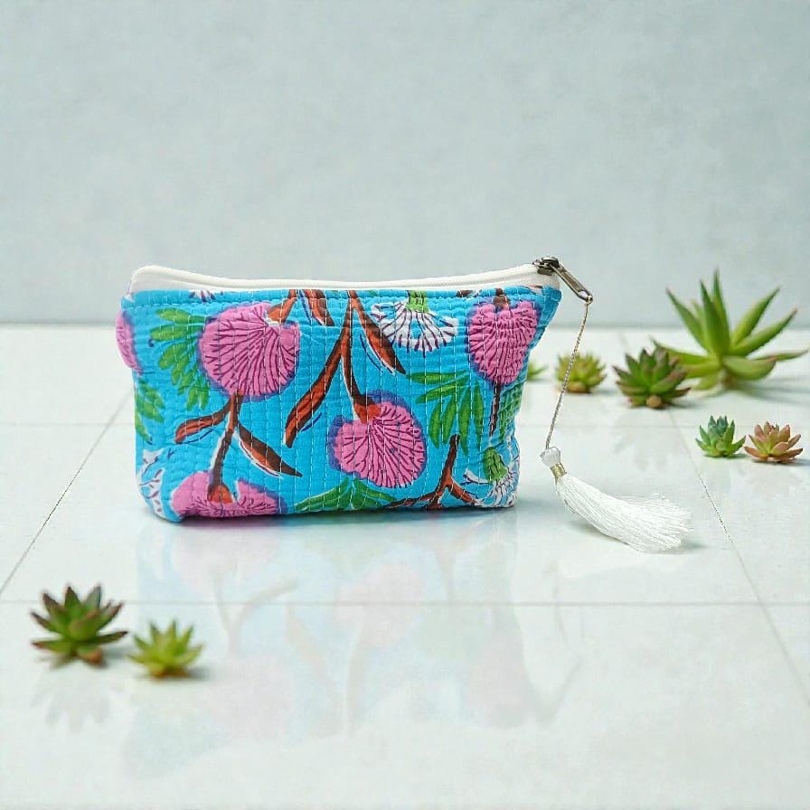 Vibrant Blue Kantha Makeup Bag | Quilted Floral Pouch | Zipper Cosmetic Bag with Tassel | Travel Organizer | Gift for Her | Indian Bags