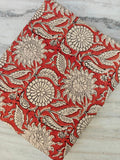 Red Floral Hand Block Print Cotton Fabric by the Yard, Red Cotton Fabric for Curtains, Cushions, Table Linen, Sewing, Quilting, Dressmaking