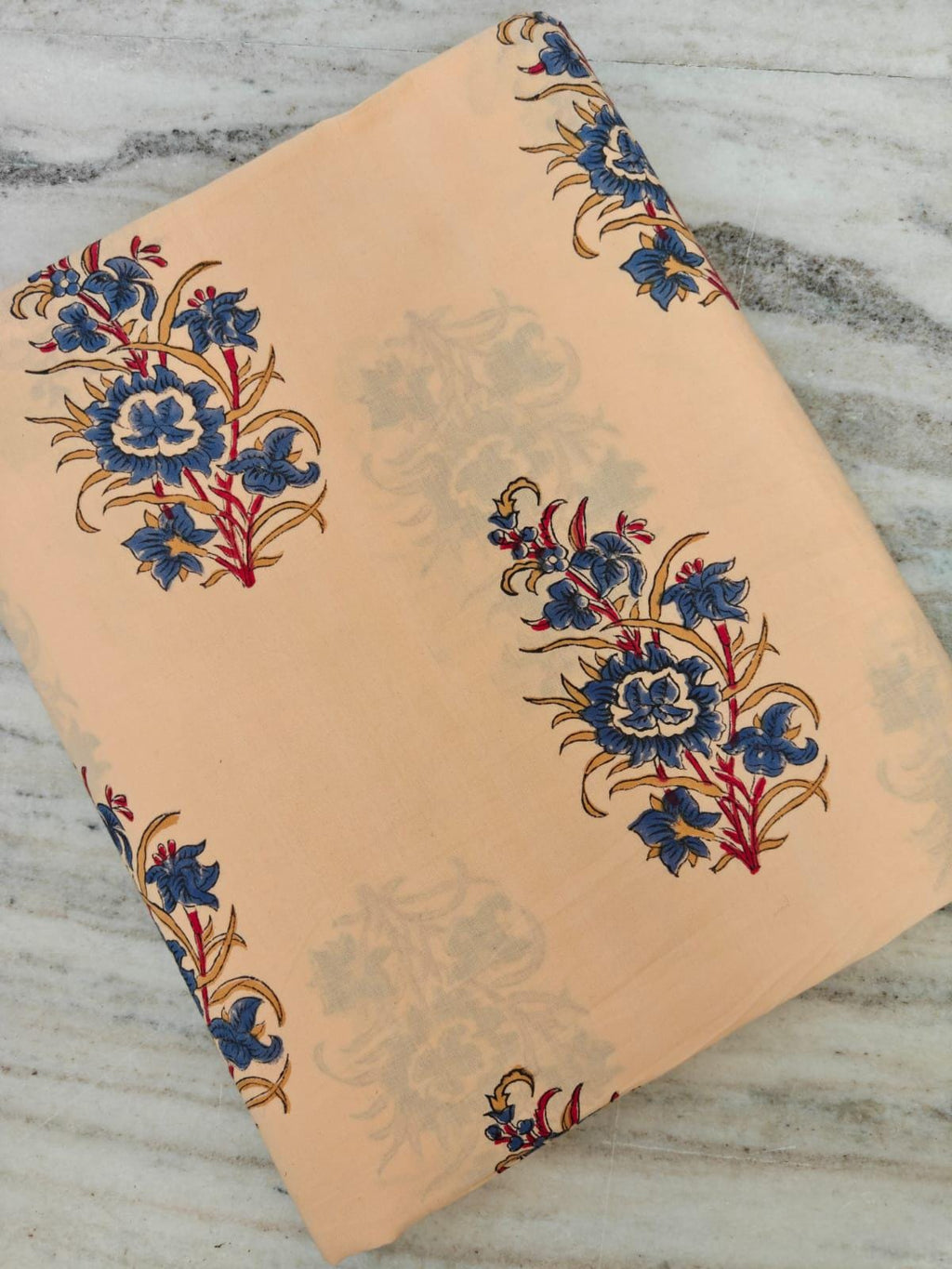 Peach and Blue Indian Hand Block Print Fabric, Floral 100% Cotton Quilting Fabric By The Yard, Fabric For Dress Making, Loose Running Fabric