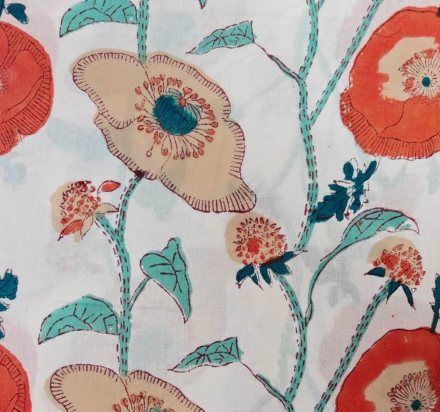 New Arrival Fabric Coral Poppy Cotton Fabric by the Yard, Cream Floral Botanical Print, Teal Leaf Fabric For Dress Making Quilting Fabric