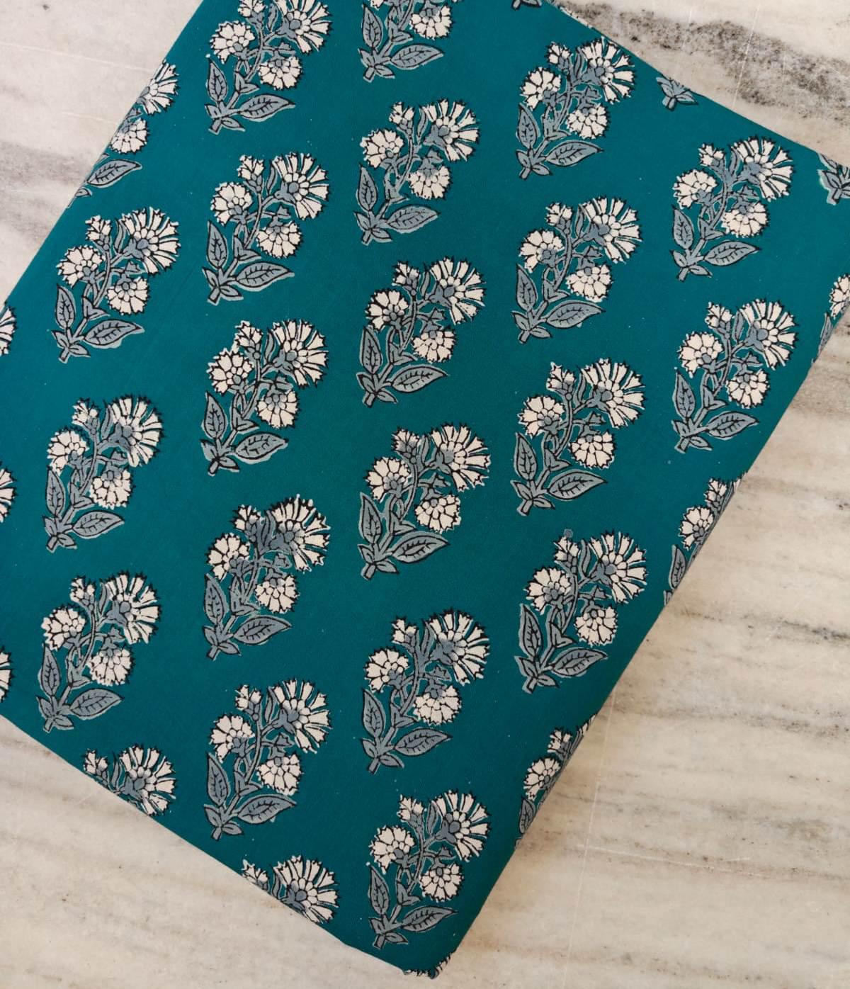 Teal Floral Cotton Fabric by the Yard, Indian Block Print Fabric, Small Buta Print Fabric, Boho Sewing Quilting Fabric, Dressmaking Textile