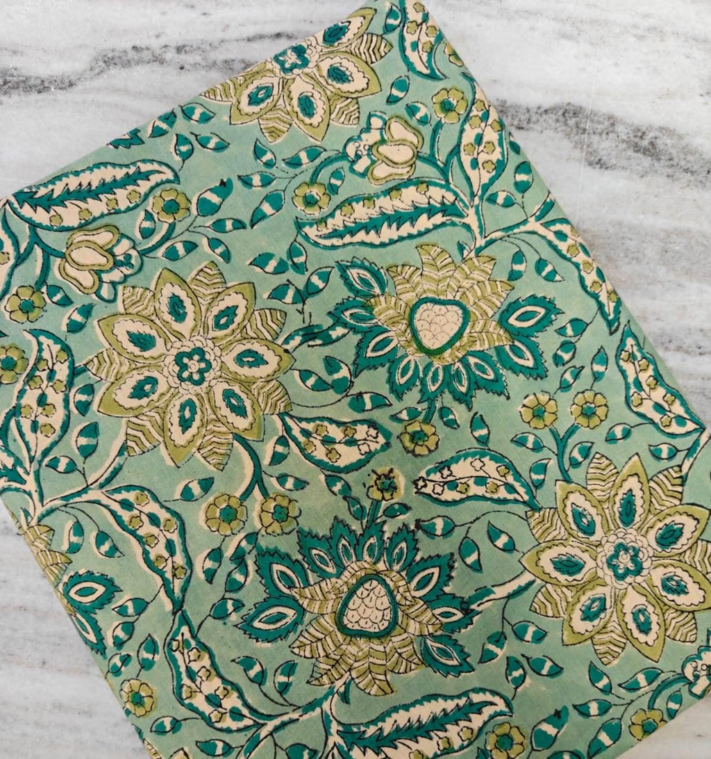 Teal Green Floral Cotton Fabric, Indian Hand Block Print Quilting Fabric By The Yard, Large Botanical Print, Dressmaking Quilting, Napkins