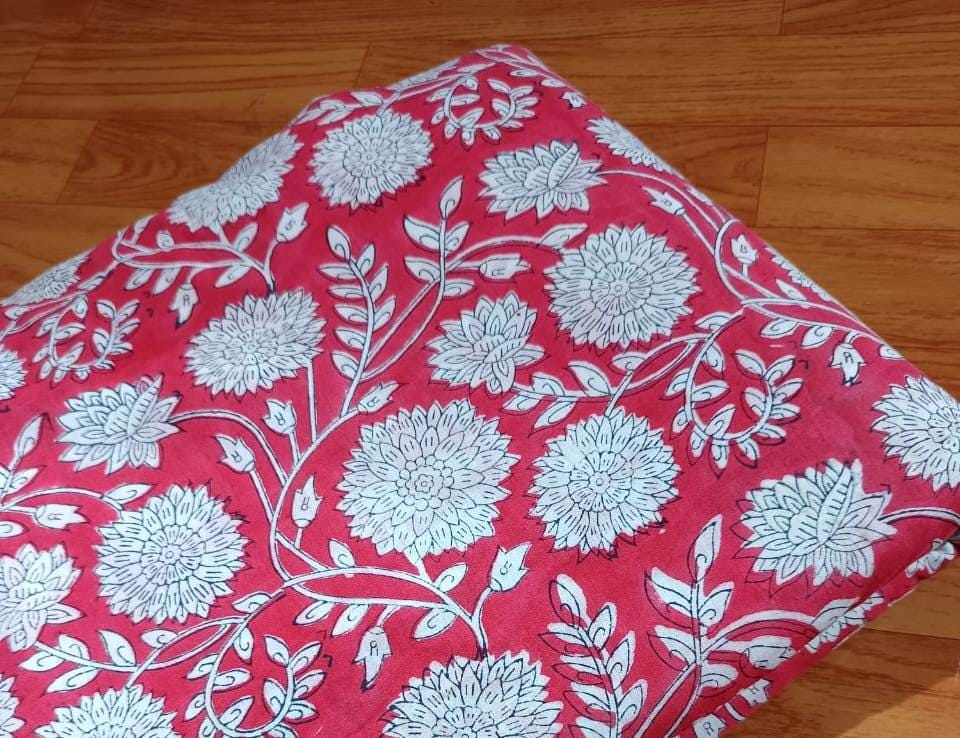 Hand Block Printed Cotton Fabric Red Floral Fabric by Yard Indian Cotton Textile White Flower Print Soft Lightweight Dressmaking & Quilting