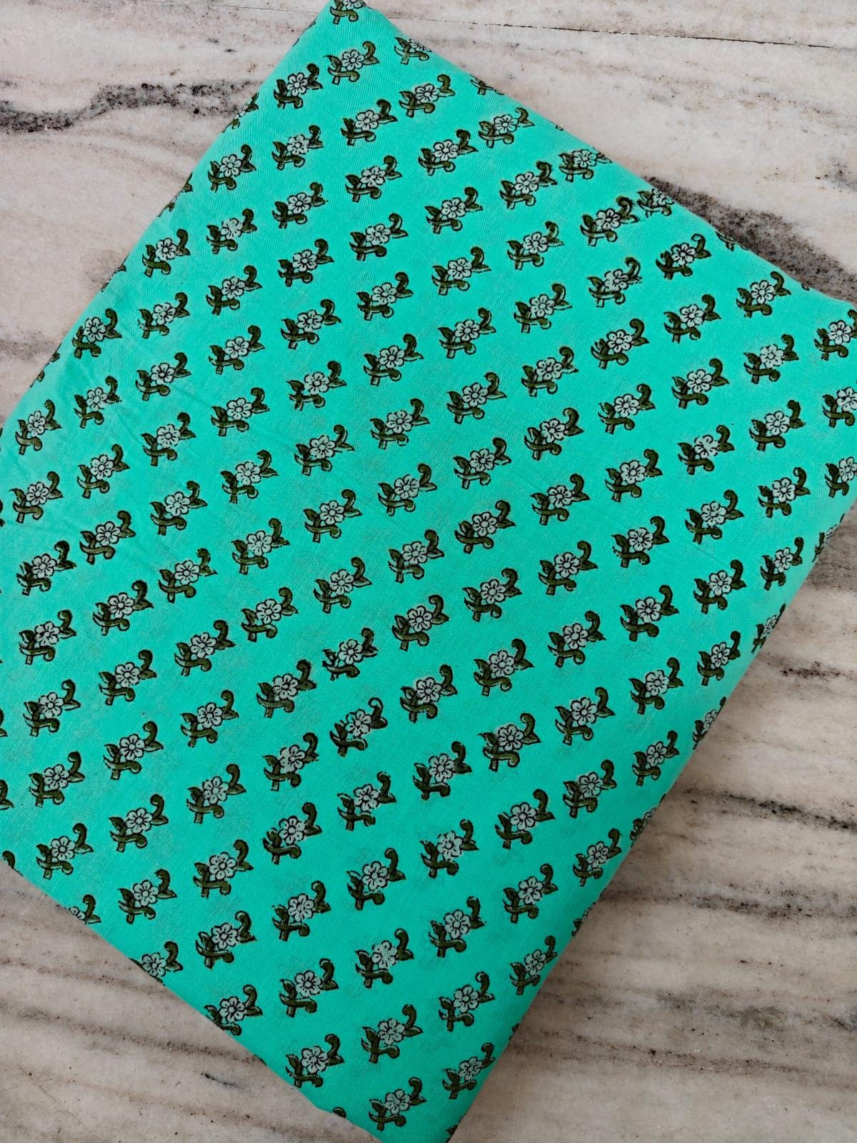 Hand Block Printed Cotton Fabric, Turquoise Small Floral Buti Print, Indian Cotton Fabric, Soft Lightweight Fabric for Dressmaking Quilting