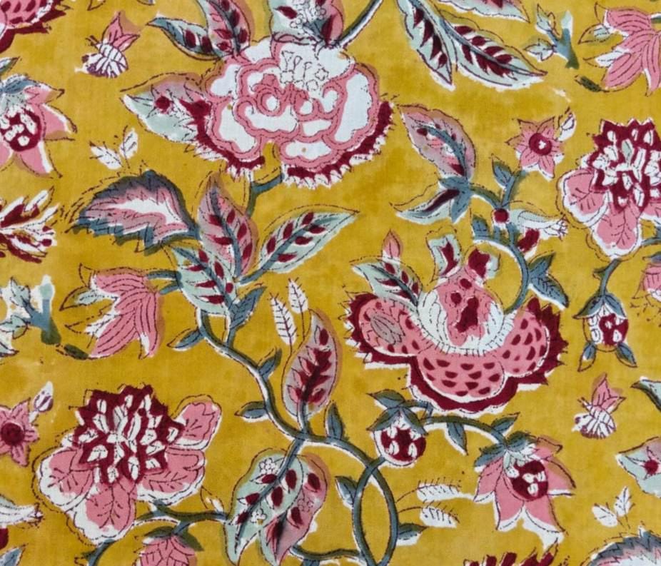 Vintage Mustard Yellow Floral Cotton Fabric by the Yard, Hand Block Print Fabric, Flower Cotton Fabric, Craft Fabric, Indian Cotton Textile