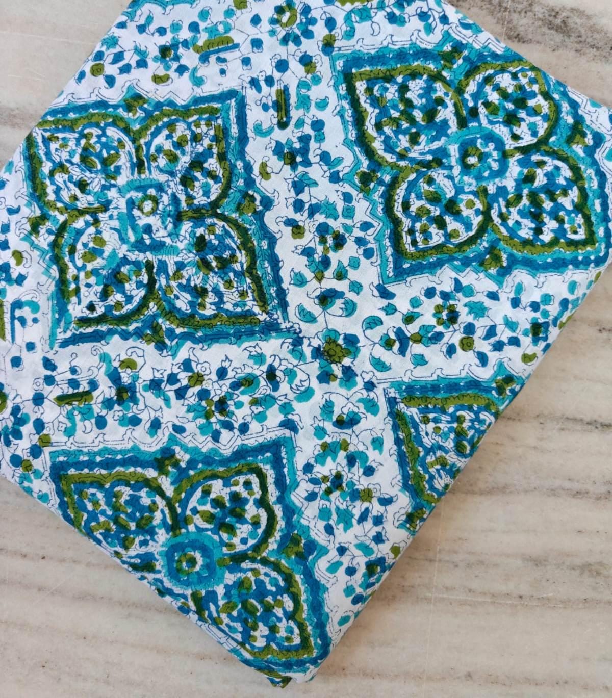 Designer Floral Cotton Fabric by the Yard, Blue Green Block Print Cotton Fabric, Indian Handmade Cotton Textile, Boho Floral Sewing Quilting