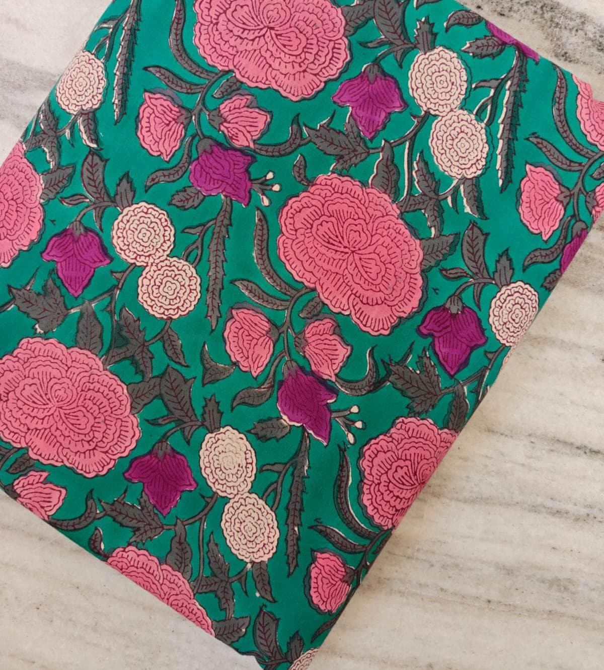 Green Floral Block Print Cotton Fabric, Pink Rose Indian Fabric, Hand Block Printed Cotton Yardage, Boho Dressmaking Quilting Craft Textile