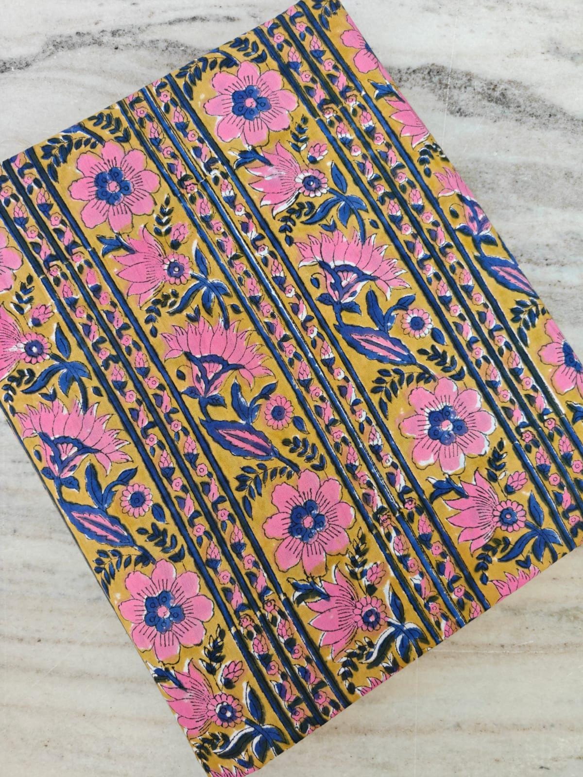 Mustard Yellow Floral Cotton Fabric, Pink Blue Indian Block Print, Stripe Boho Fabric by Yard, Quilting Sewing Dressmaking Quilting Napkins