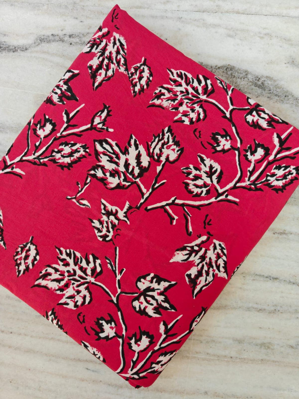 Red Floral Soft Cotton Fabric, Black and White Leaf Print Fabric, Indian Hand Block Print Fabric By The Yard, Fabric for Loose Running