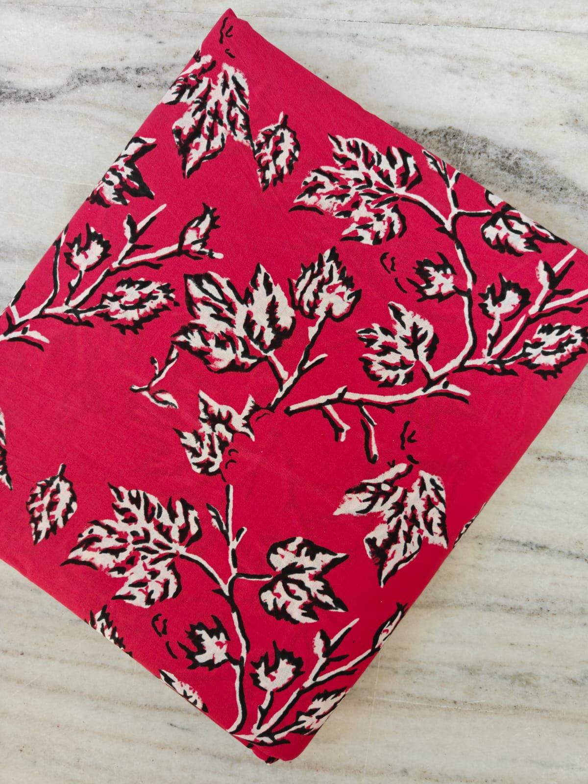 Red Floral Soft Cotton Fabric, Black and White Leaf Print Fabric, Indian Hand Block Print Fabric By The Yard, Fabric for Loose Running
