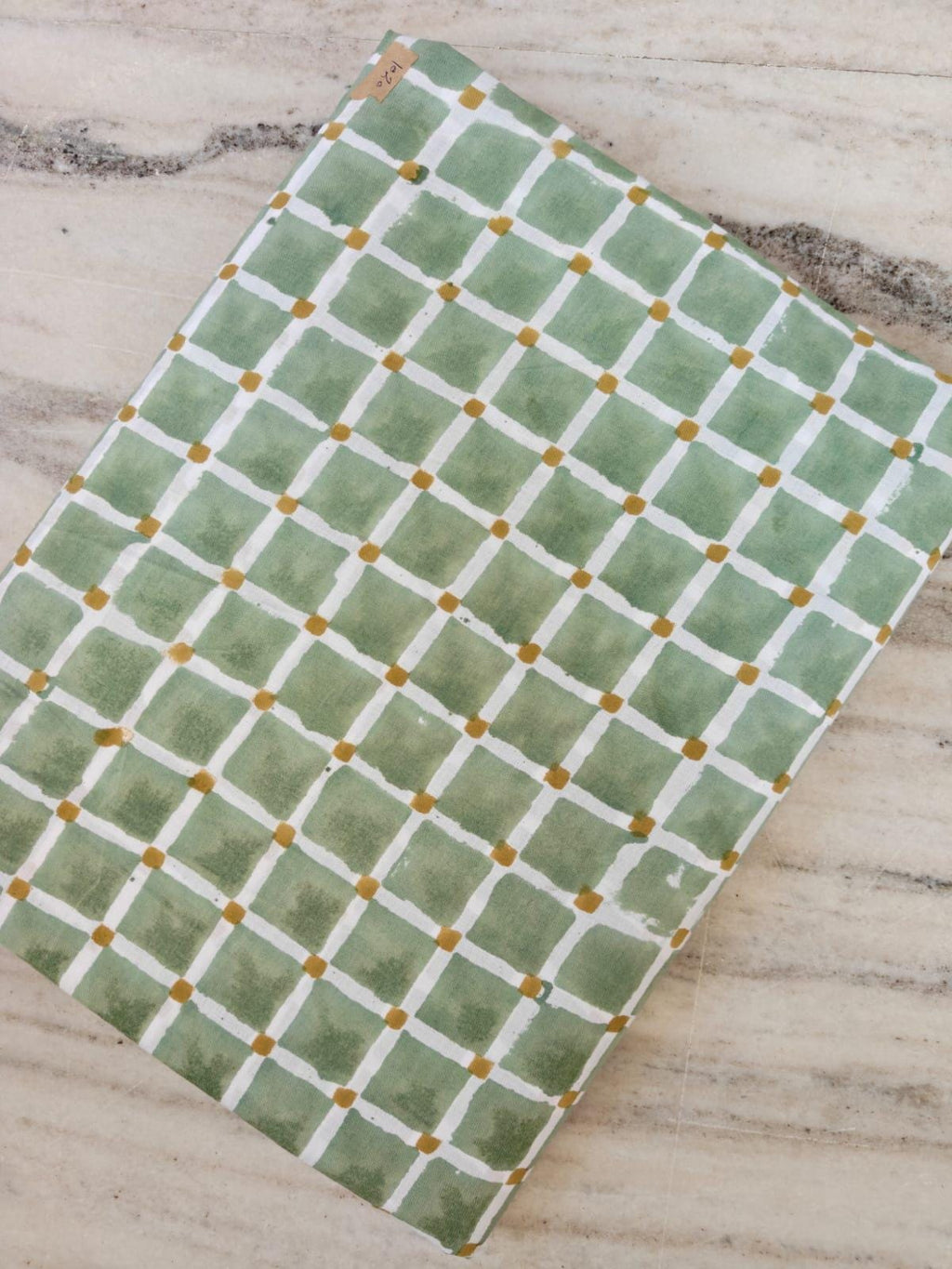 Sage Green Cotton Fabric with White Grid and Mustard Dots, Hand Block Print Cotton Material, Quilting Dressmaking Home Decor Fabric