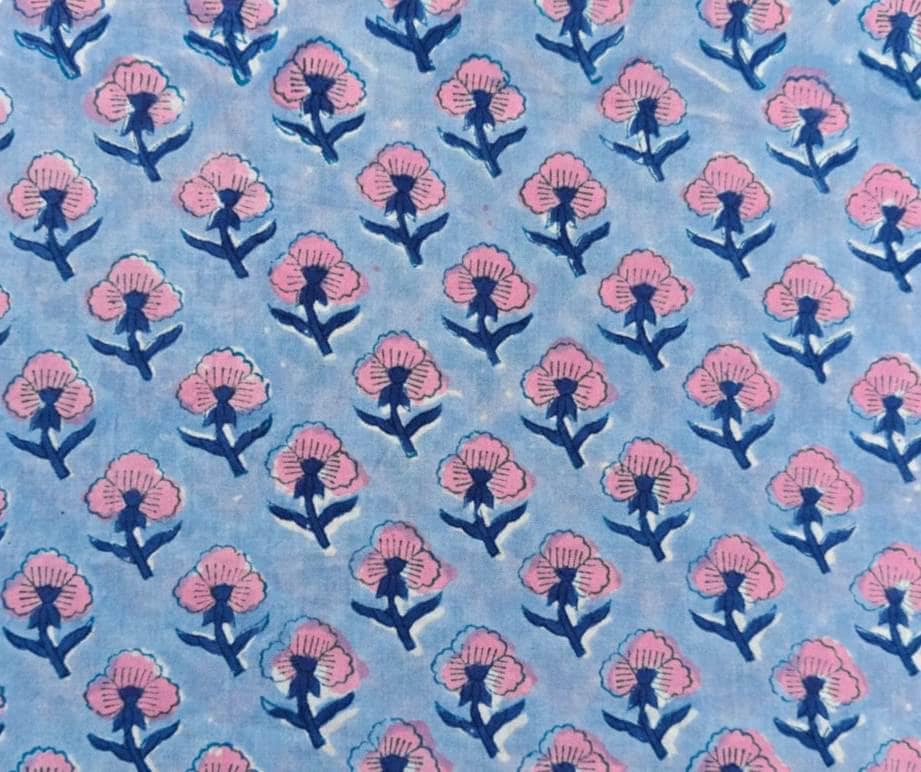 Blue Pink Floral Block Print Fabric, Hand Block Printed Cotton Fabric, Indian Floral Textile Fabric For Dress Making, Loose Running Fabric
