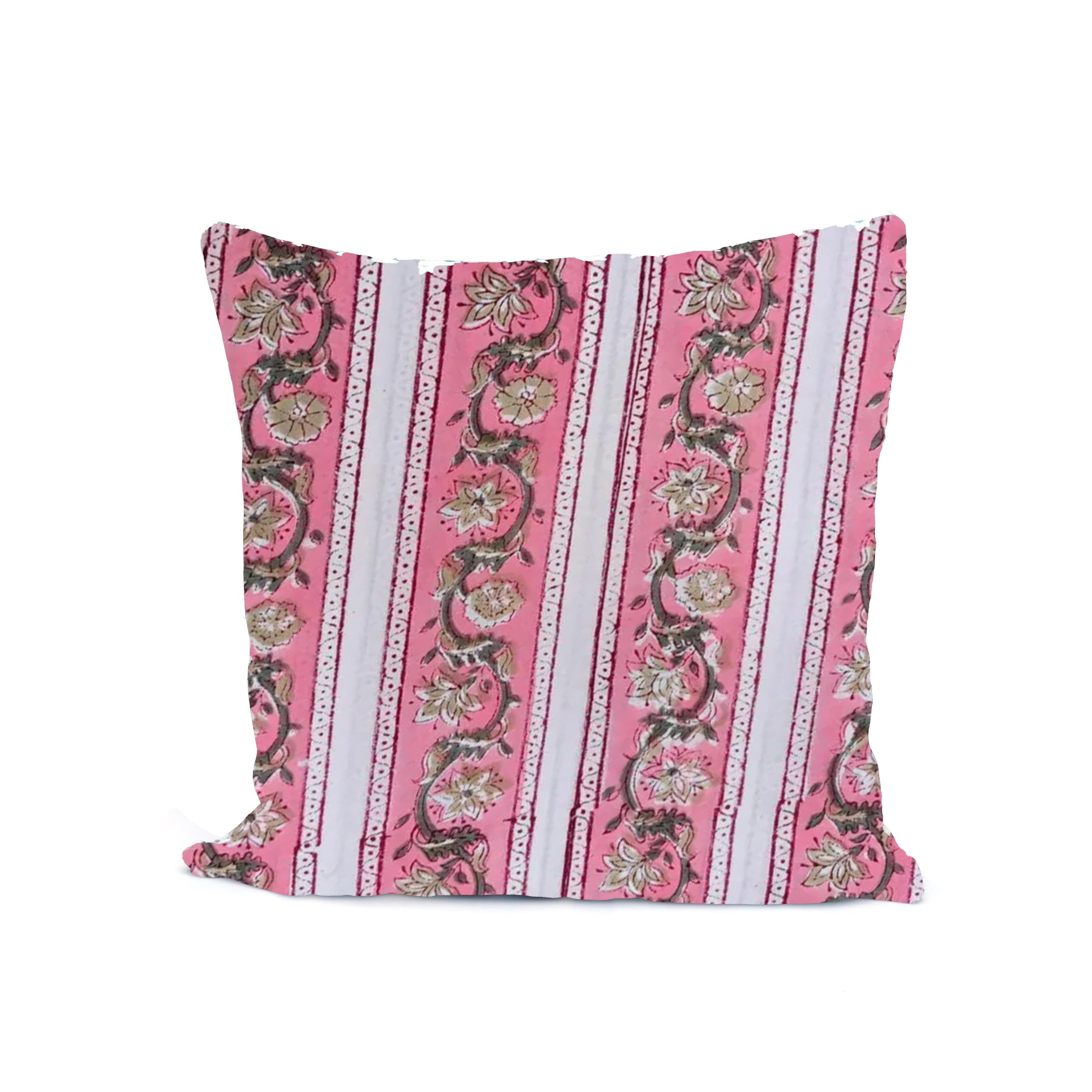 Pink Floral Stripe Cotton Cushion Cover, Hand Block Print Pillow Cover, Boho Decorative Throw Pillow, Handmade Sofa Cushion, Home Decor