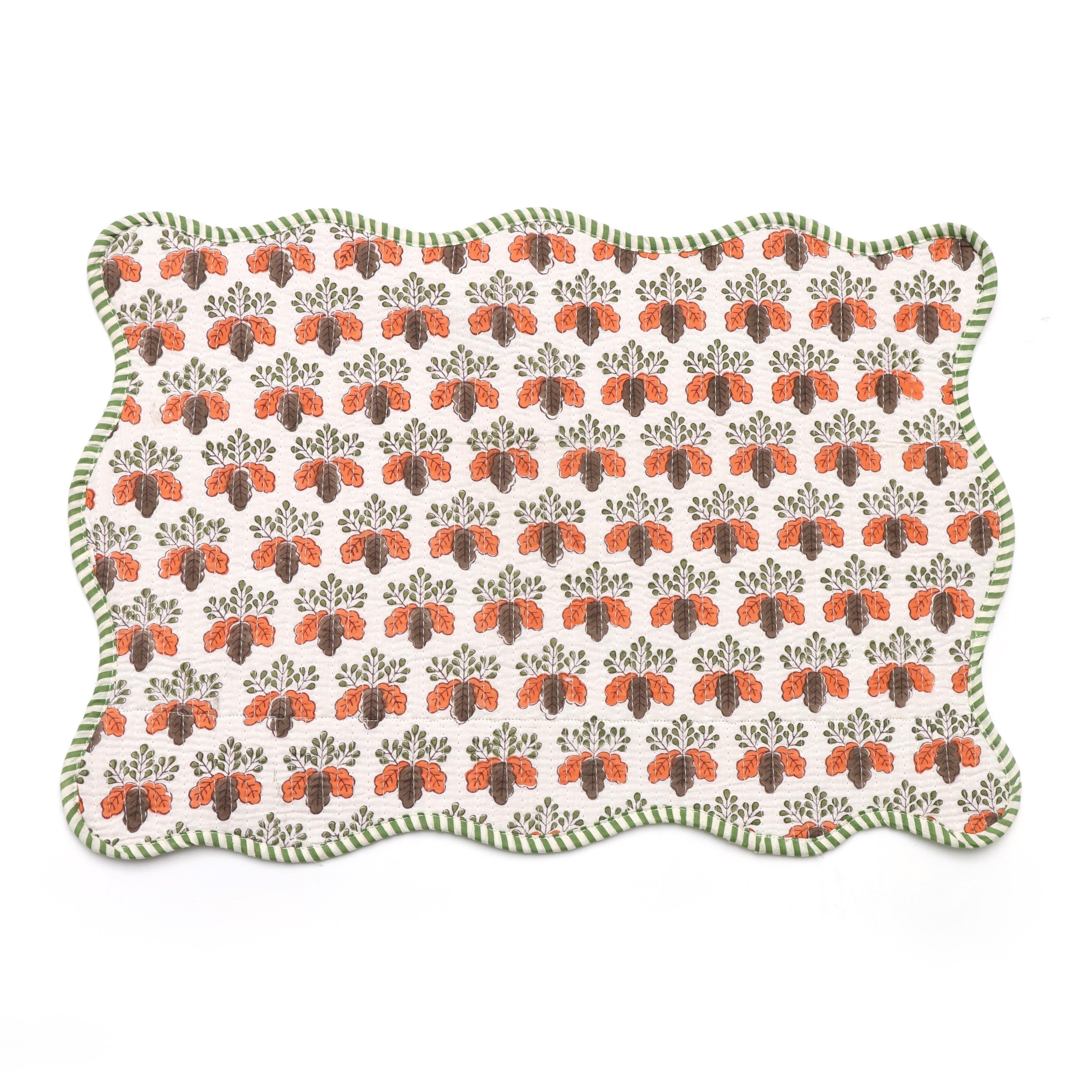 Table Mat Scalloped Handmade Quilted Placemat, Orange & Green Floral Block Print Table Mat, Cotton Placemat, Dining Table Quilted Placemats