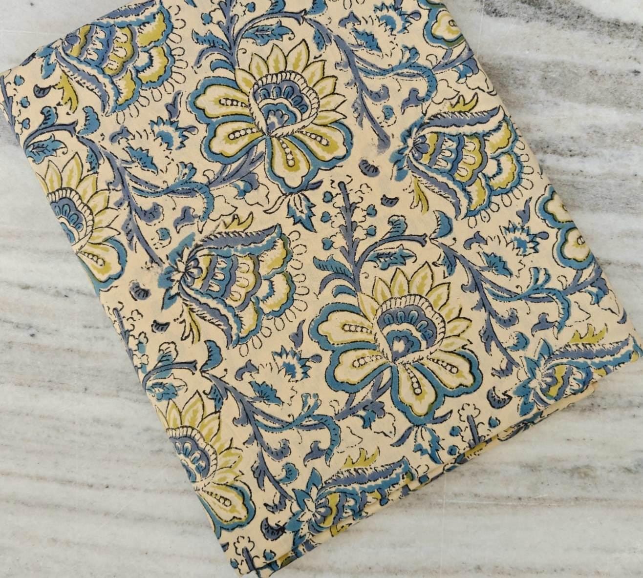 Blue and Yellow Floral Cotton Fabric by the Yard, Indian Block Print Fabric, Cream Botanical Vine Print, Quilting Dressmaking Craft Fabric