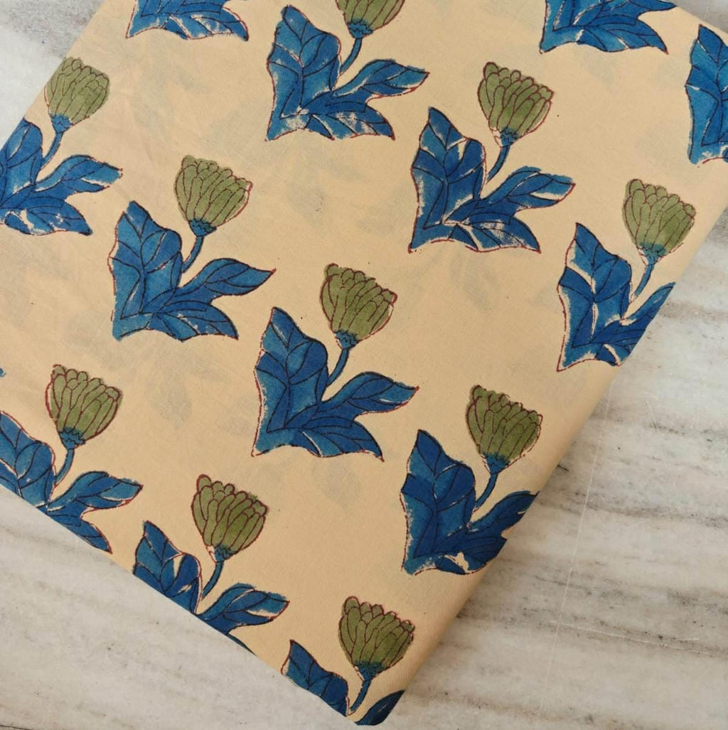 Hand Block Print Blue Leaf Green Bud Pattern Fabric, Beige Floral Cotton Fabric, Indian Cotton Fabric by the Yard, Fabric For Dress Making