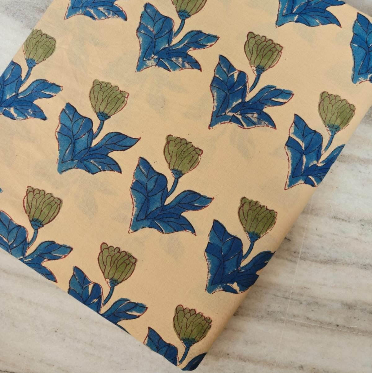 Hand Block Print Blue Leaf Green Bud Pattern Fabric, Beige Floral Cotton Fabric, Indian Cotton Fabric by the Yard, Fabric For Dress Making