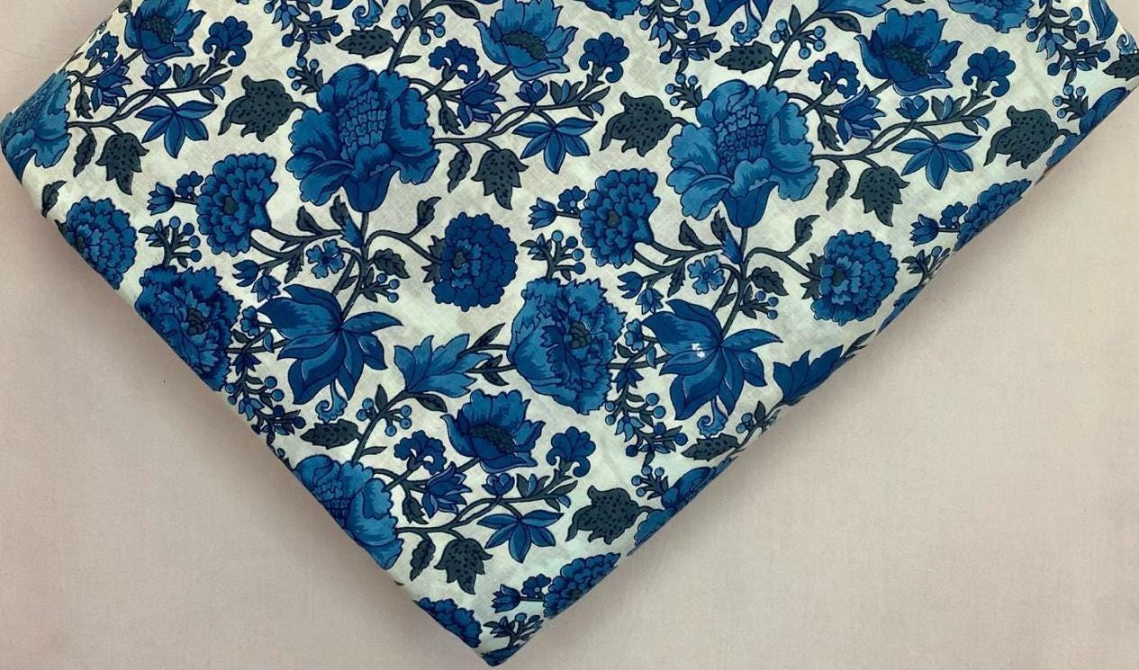Blue Floral Cotton Hand Block Print Fabric, Floral 100% Cotton Quilting Fabric By The Yard, Loose Running Fabric, Textile Fabric, Gifts