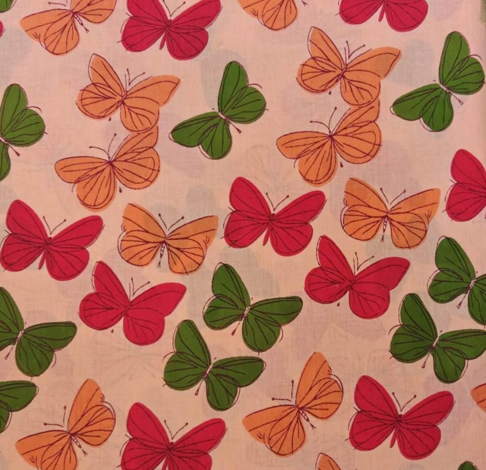Butterfly Cotton Fabric by the Yard, Peach Background with Red Orange & Green Butterflies, Quilting Sewing Craft Dressmaking Loose Fabric