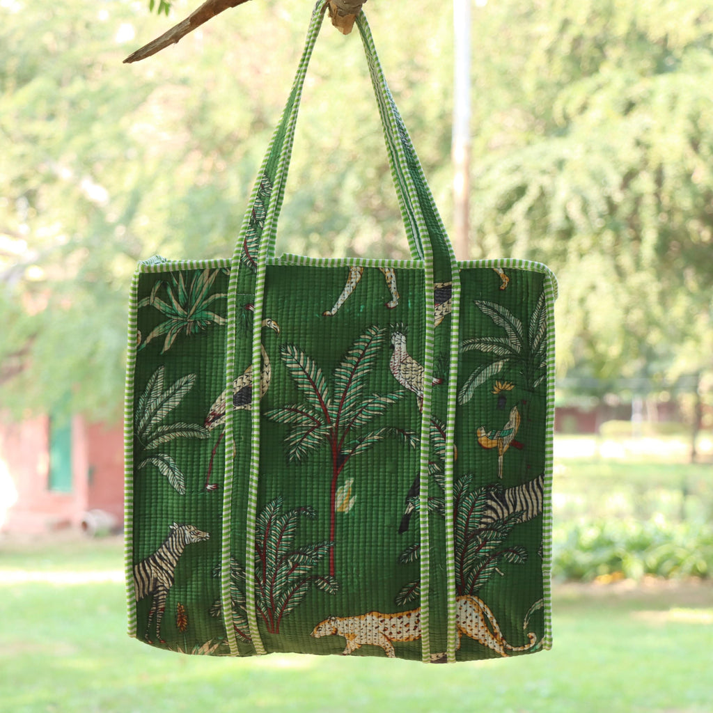 Handmade Green Jungle Safari Quilted Tote Bag, Gift For Her, Gift For Wife, Gift For Love, Anniversary Gift, Gift For Birthday