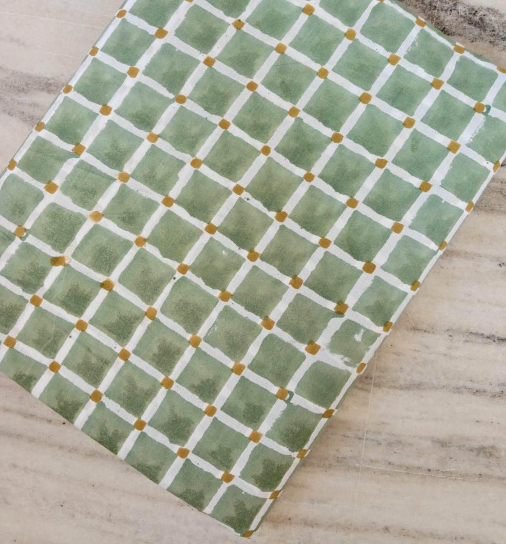 Sage Green Cotton Fabric with White Grid and Mustard Dots, Hand Block Print Cotton Material, Quilting Dressmaking Home Decor Fabric