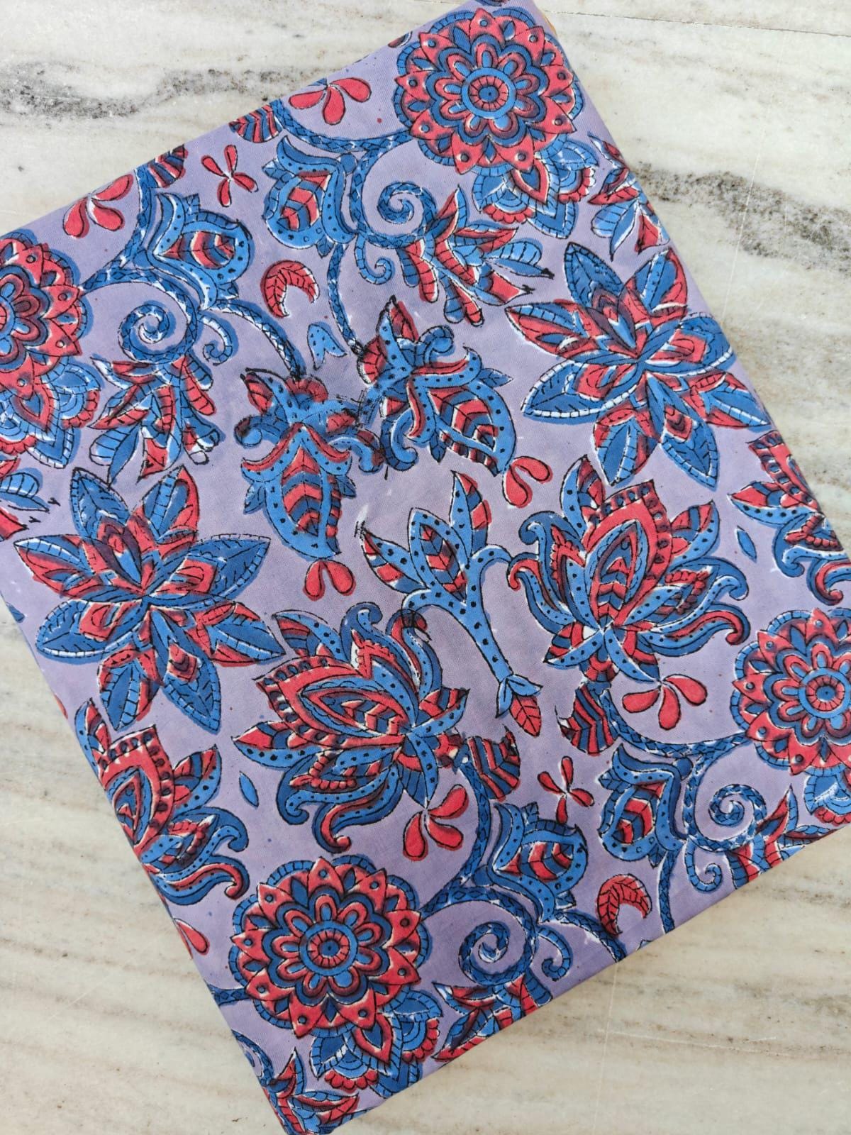 Lavender Blue Floral Cotton Fabric, Indian Block Print Style, Boho Flower Fabric, Soft Breathable Fabric for Sewing, Quilting, Dressmaking