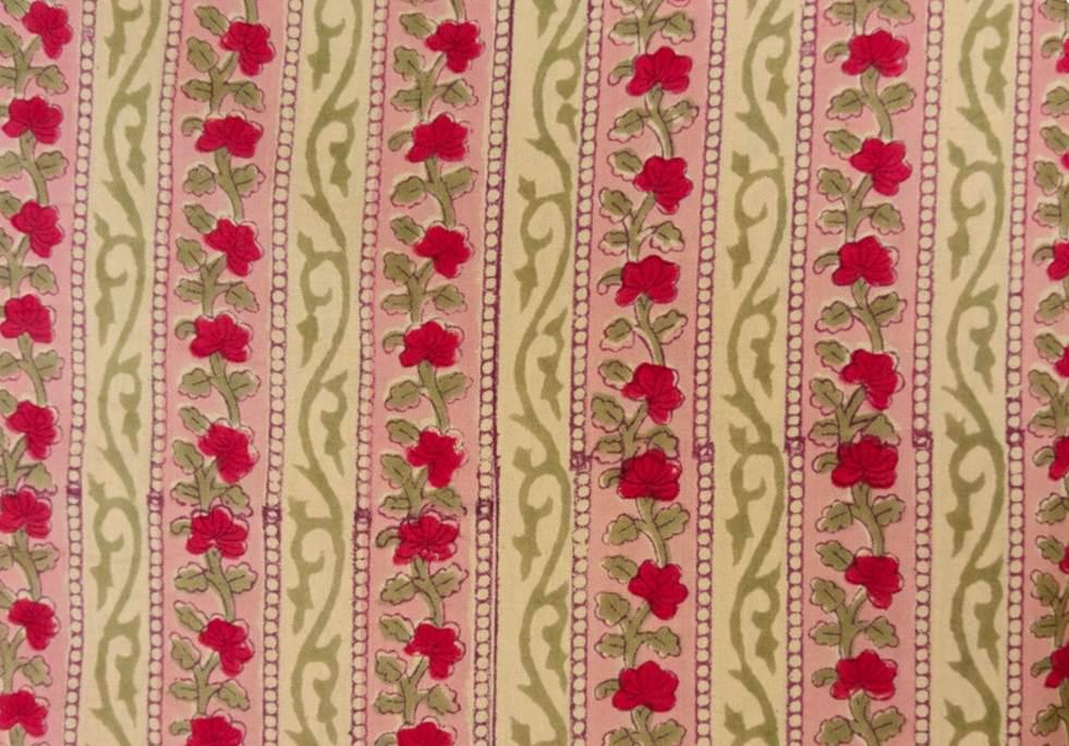 Pink and Red Floral Stripe Cotton Fabric by the Yard, Indian Block Print Fabric, Beige Green Vine Print, Quilting Sewing Craft Fabric