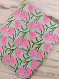 Pink Tulip Cotton Fabric, Floral Block Print Fabric, Grey Base Cotton Fabric by Yard, Indian Hand Block Print, Dressmaking Sewing Fabric