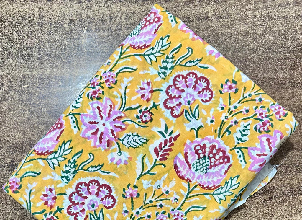 Mustard Yellow Floral Cotton Fabric by the Yard, Indian Printed Fabric, Soft Lightweight Cotton Fabric for Dress Making, Quilting, Sewing