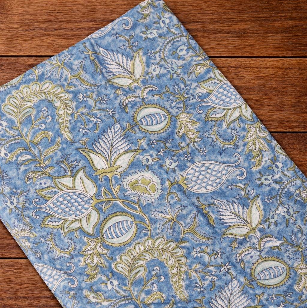 Blue Floral Hand Block Print Cotton Fabric, Indian Botanical Cotton Textile for Sewing, Quilting, Dressmaking, Loose Running Fabric, Napkins