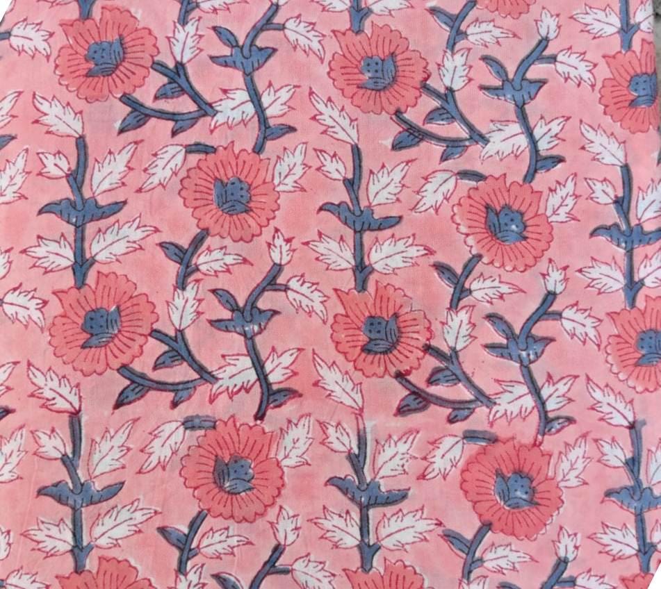 Beige Pink Floral Cotton Fabric, Block Print Flower Fabric, Vintage Floral Cotton by the Yard, Indian Block Print Fabric Dress Making