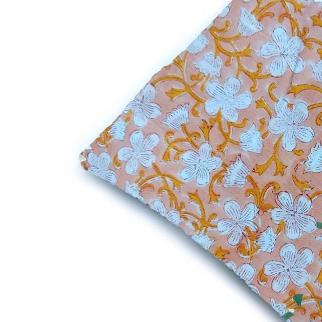 Peach White Floral Pillow Cover, 16x16 Handmade Throw Pillow, Boho Cotton Cushion Hand Block Printed Cotton Cushion Cover, Christmas Pillow