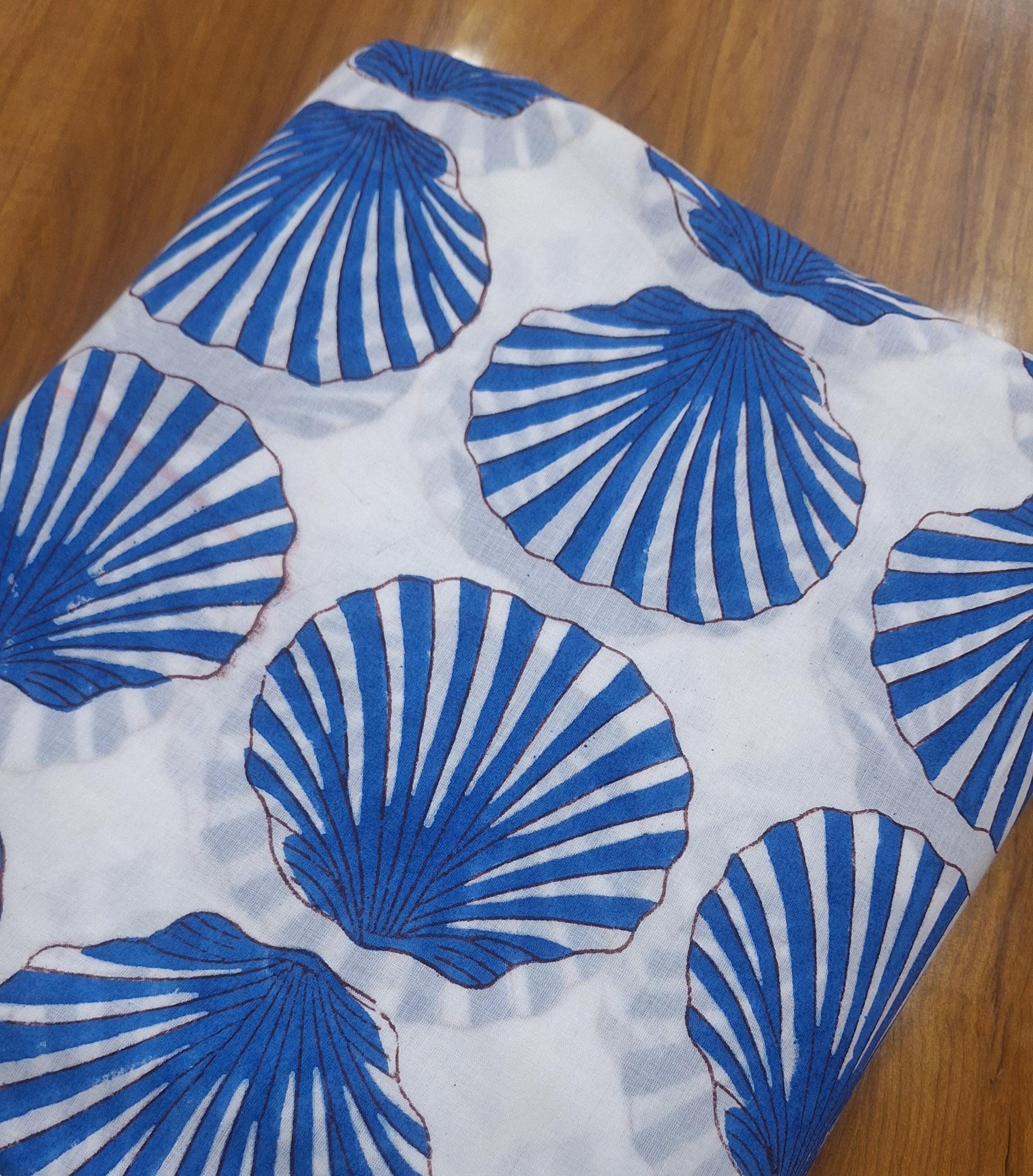 Hand Block Print Cotton Fabric, Blue Seashell Pattern, Soft Lightweight Cotton, Coastal Beach Fabric by the Yard, Ocean Theme Textile