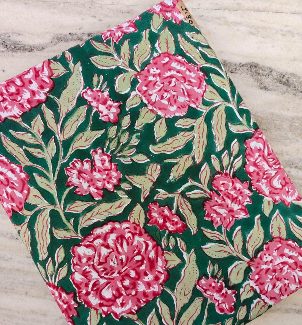 Green Floral Cotton Fabric by Yard, Pink Rose Hand Block Print Fabric, Indian Cotton Material for Dressmaking, Quilting & Home Decor Napkins