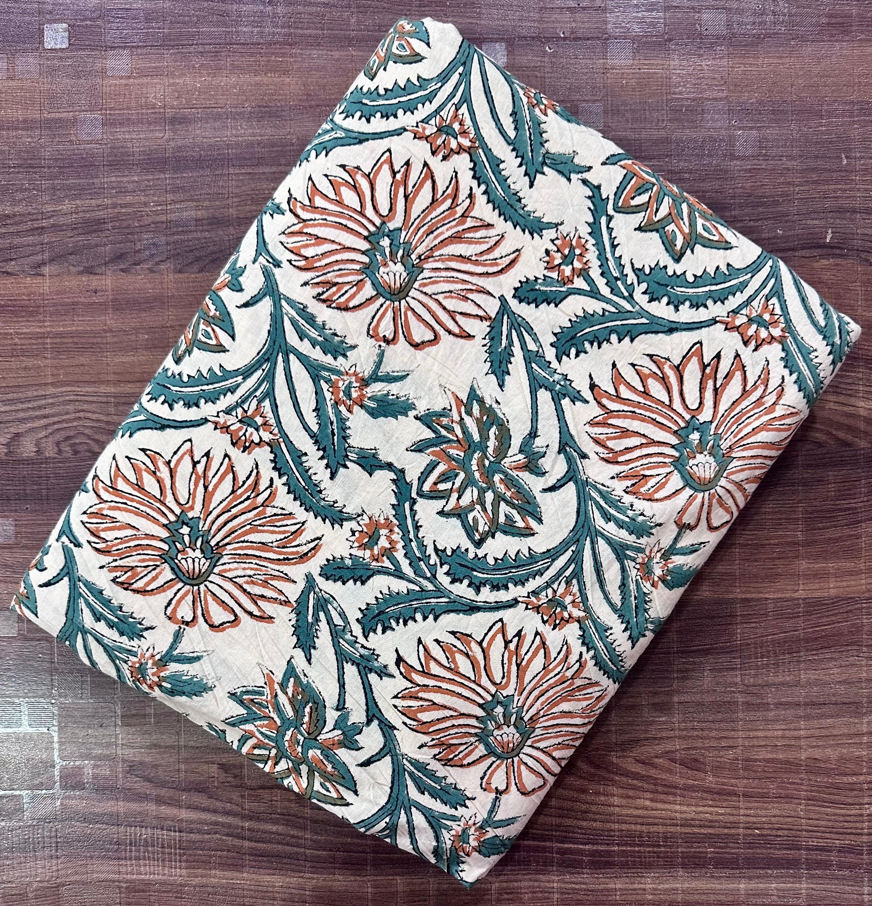 Beige Floral Block Print Cotton Fabric by the Yard | Handcrafted Indian Cotton for Sewing, Quilting & Apparel | Quilting Dressmaking Fabric
