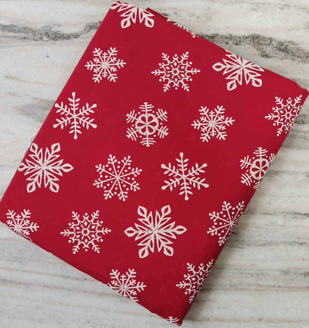 Red Cotton Fabric with White Snowflake Christmas Tree Fabric By The Yard, Hand Block Print Christmas Quilting, Sewing Holiday Home Decor