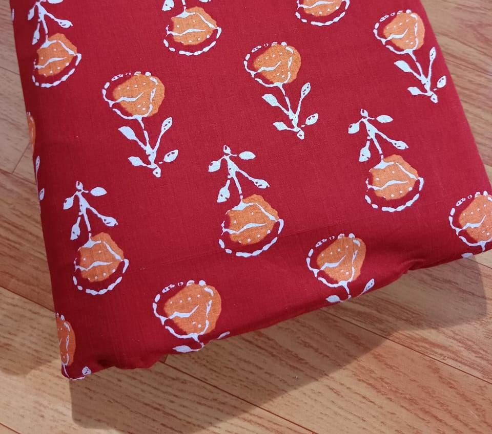 Red Color Indian Hand Block Print Fabric, Floral 100% Cotton Quilting Fabric By The Yard, Dressmaking Fabric, Loose Running Fabric, Gifts