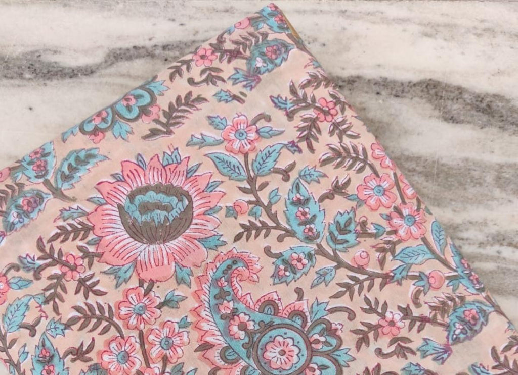 Pink Hand Block Print Cotton Fabric, Floral 100% Cotton Quilting Fabric By The Yard, Handmade Fabric, Loose Running Fabric, Textile Fabric