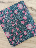 Teal Pink Floral Cotton Fabric, Vintage Botanical Print, Quilting Fabric by the Yard, Indian Style Block Print, Dressmaking Craft Fabric