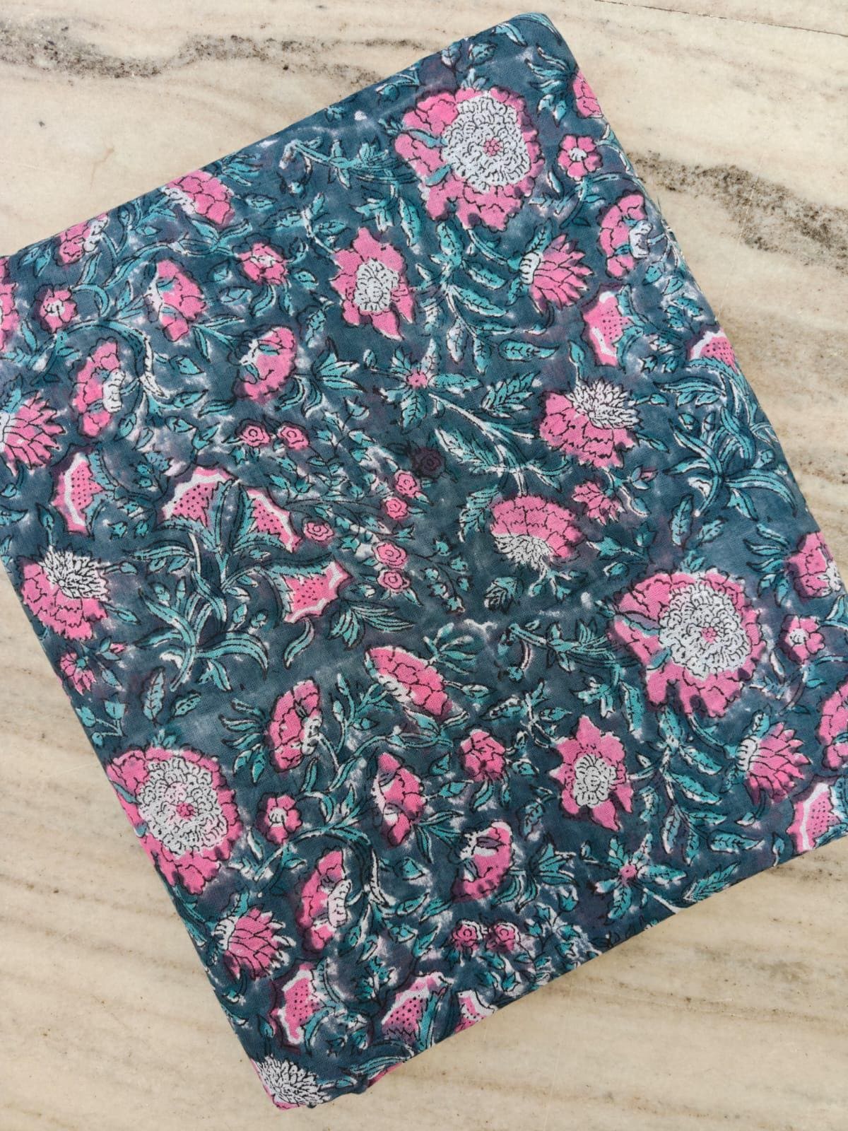 Teal Pink Floral Cotton Fabric, Vintage Botanical Print, Quilting Fabric by the Yard, Indian Style Block Print, Dressmaking Craft Fabric
