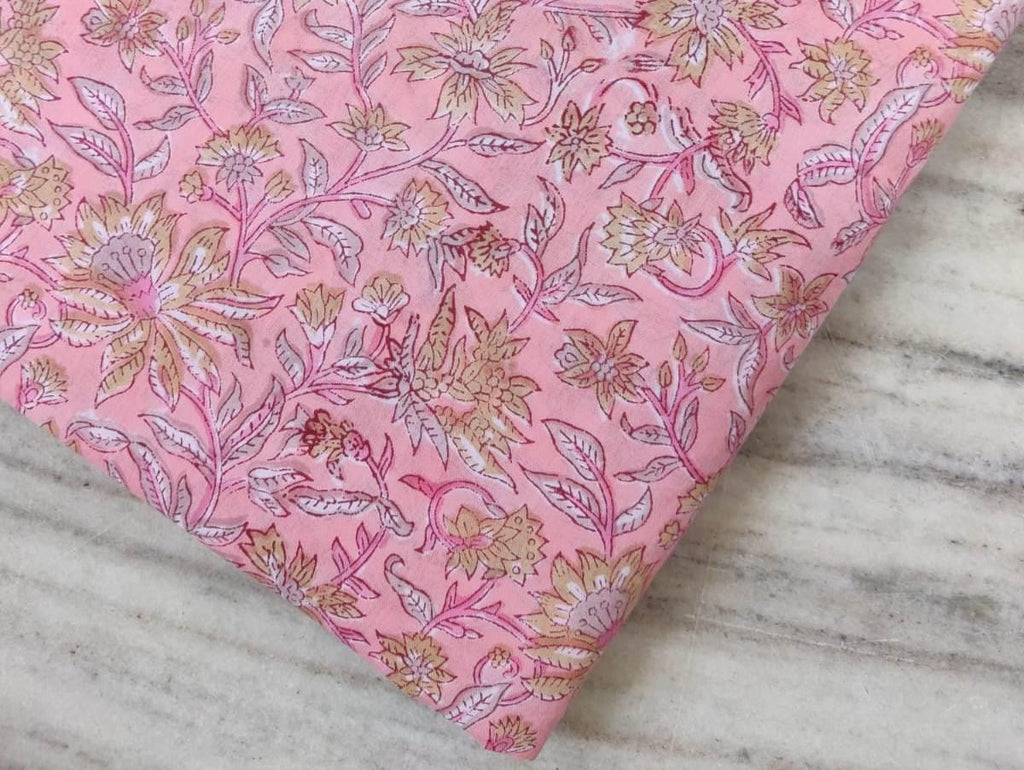 Pink Cotton Fabric with Yellow Floral Print, Hand Block Print Fabric by the Yard, Soft Indian Cotton for Sewing, Dressmaking & Crafts