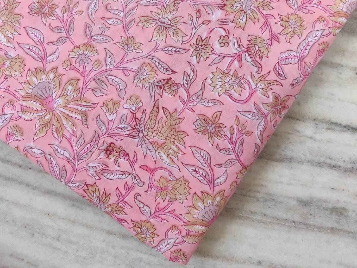 Pink Cotton Fabric with Yellow Floral Print, Hand Block Print Fabric by the Yard, Soft Indian Cotton for Sewing, Dressmaking & Crafts