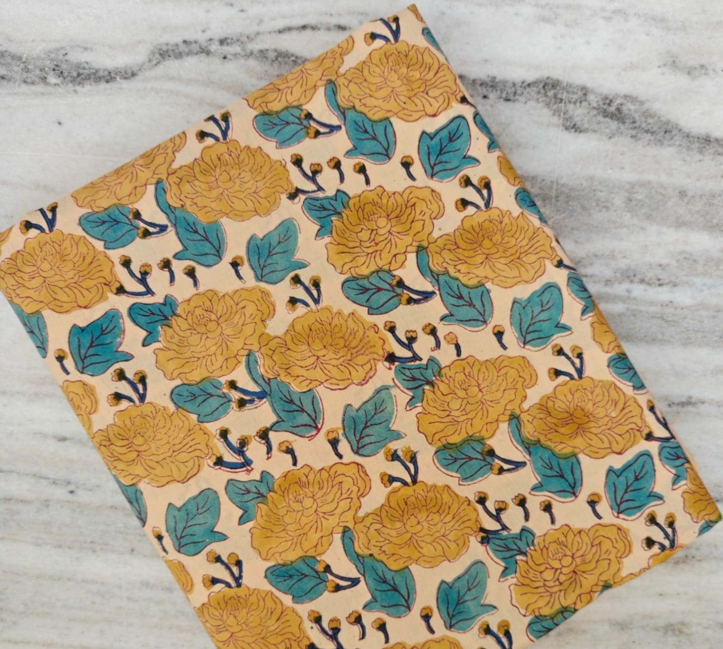 Yellow Floral Cotton Fabric, Hand Block Print Fabric, Indian Cotton Textile, Mustard Flower Fabric, Teal Leaf Botanical Quilting Fabric