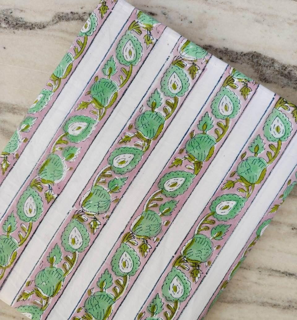 Green Pink Floral Stripe Cotton Fabric | Indian Hand Block Print Fabric | Soft Cotton by Yard | Summer Dress Fabric | Quilting Craft Fabric