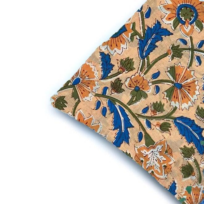 Beige Floral Cotton Cushion Cover, Hand Block Print Pillow Cover, Blue Orange Flower Throw Pillow, Boho Decorative Cushion, Gifr For Her
