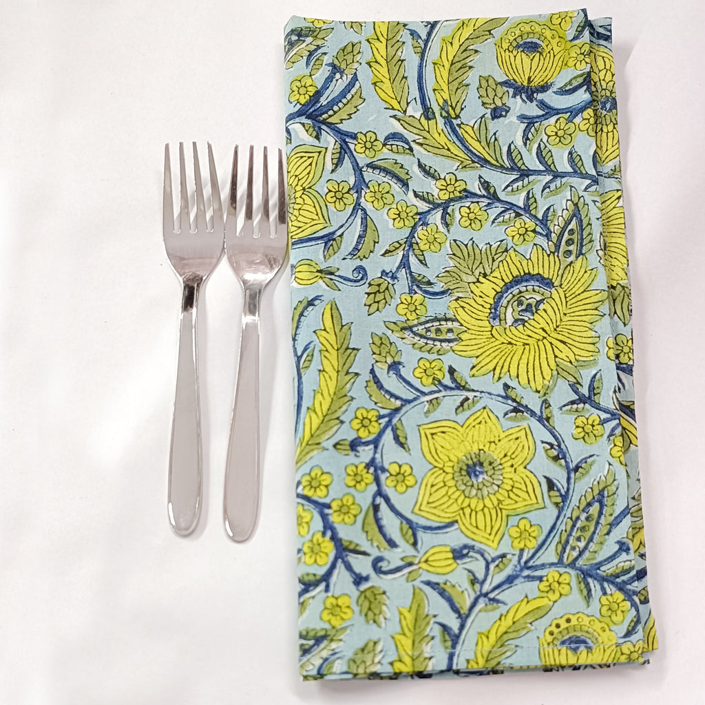 Handmade Organic Cotton Dinner Napkins: Floral Block Print, 20x20 Inches