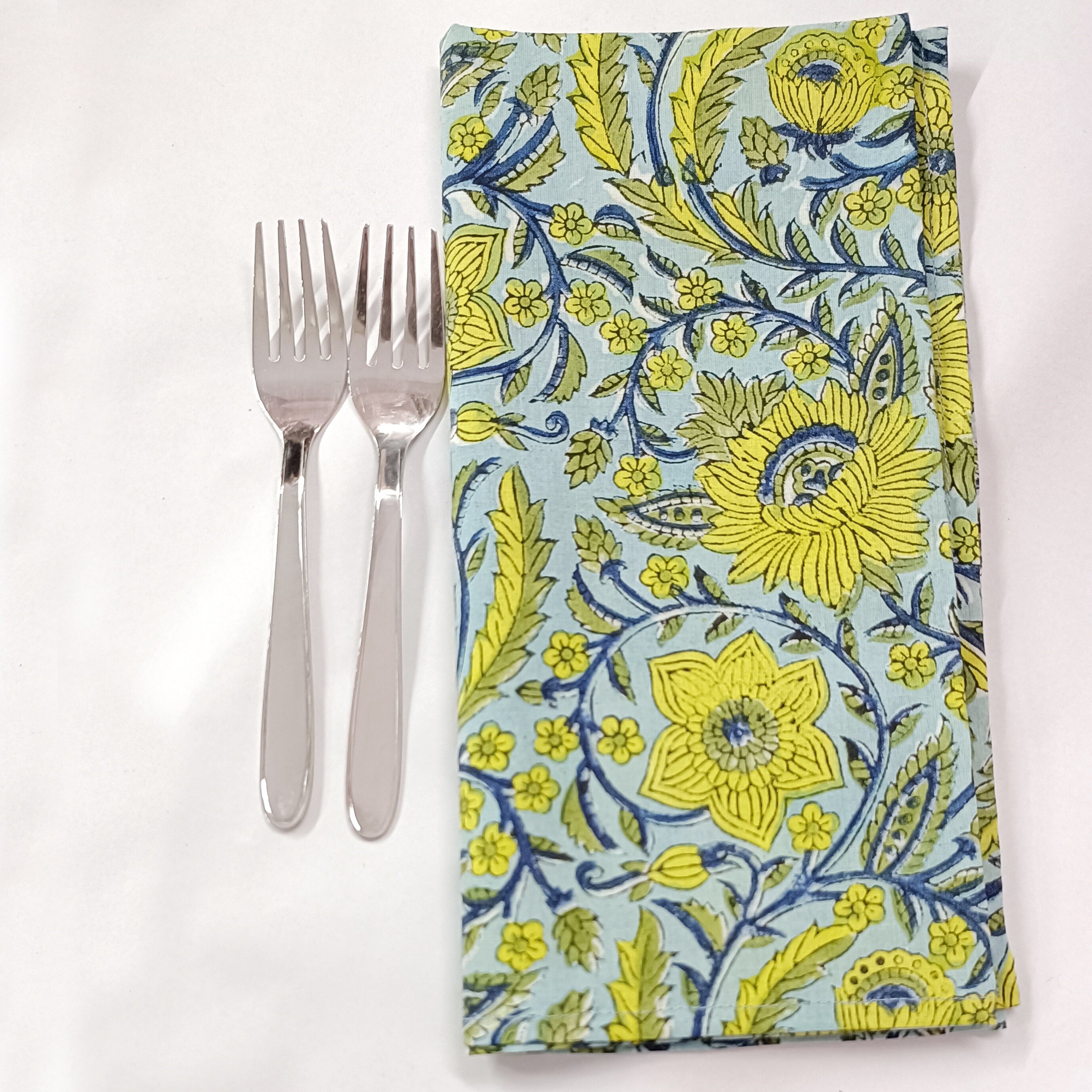 Handmade Organic Cotton Dinner Napkins: Floral Block Print, 20x20 Inches