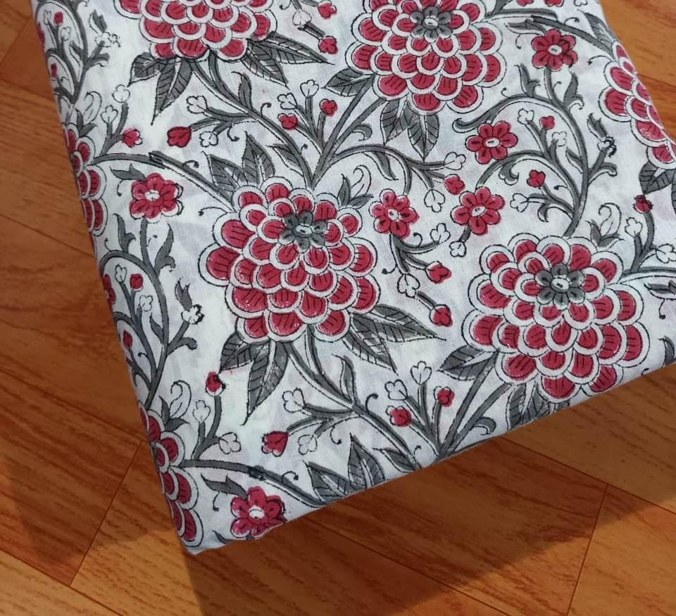Red Soft Cotton Fabric, Indian Hand Block Print Fabric, 100% Cotton Fabric By The Yard, Loose Running Fabric, Dressmaking, Textile Fabric