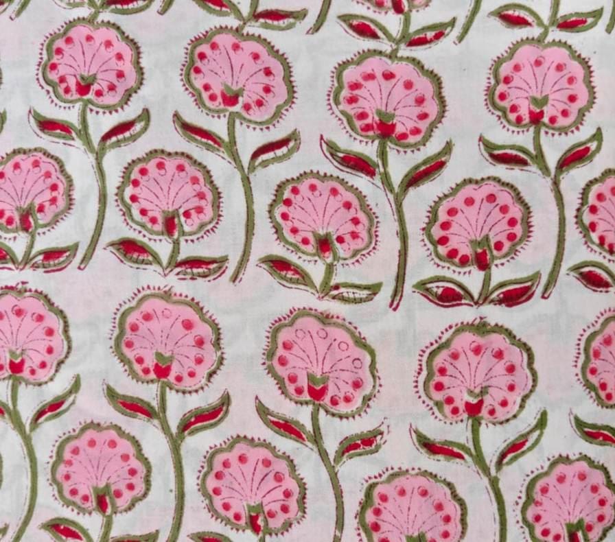 Pink Floral Cotton Fabric by Yard, Indian Block Print Fabric, Hand Block Flower Print Material, Soft White Cotton for Dressmaking, Quilting