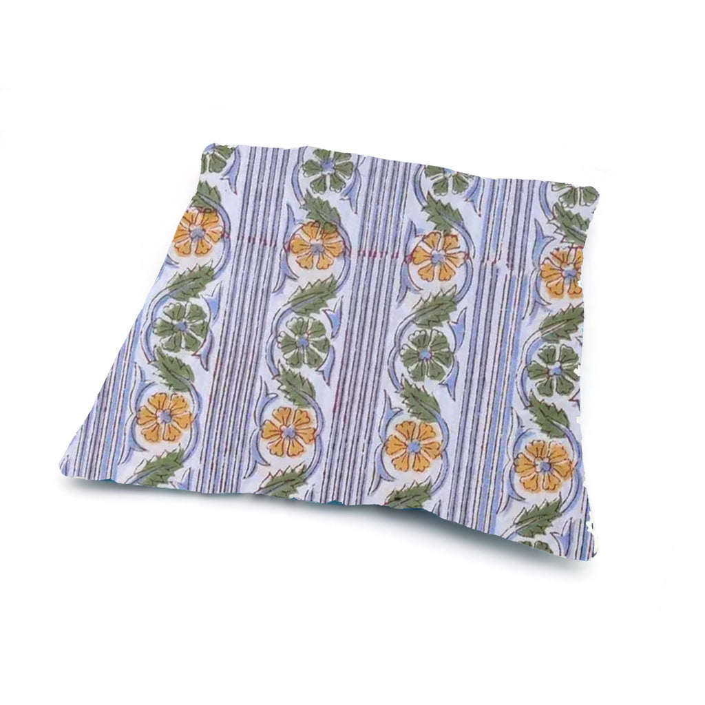 Striped Floral Cotton Cushion Cover, Yellow Green Block Print Pillow Cover, Handmade Decorative Throw Pillow, Boho Sofa Cushion, Cushion
